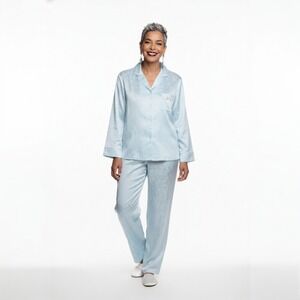 Miss Elaine Aqua Blue Floral Brushed-Back Satin Pajama Set Size S Lace Trim